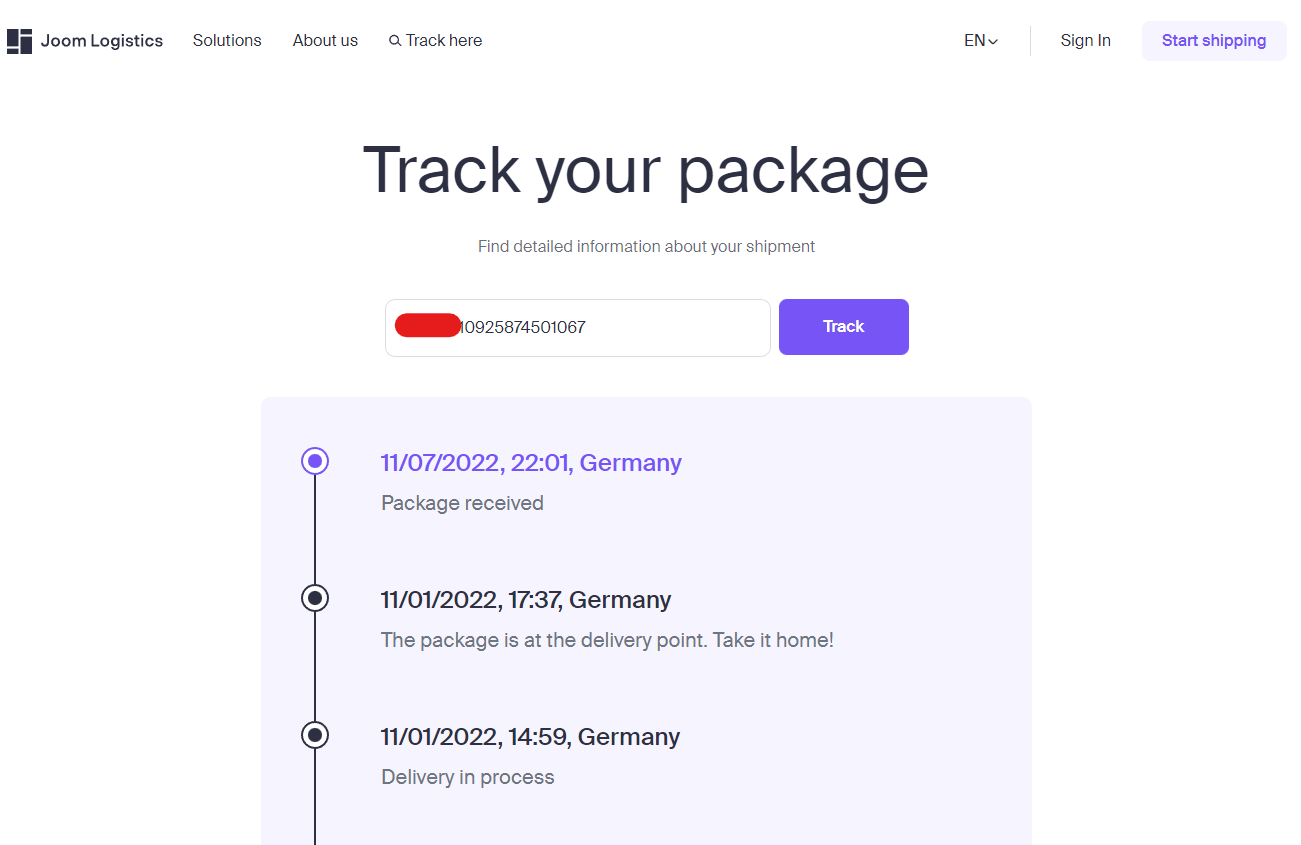 JOOM tracking page for ZenExpress PUDO parcel