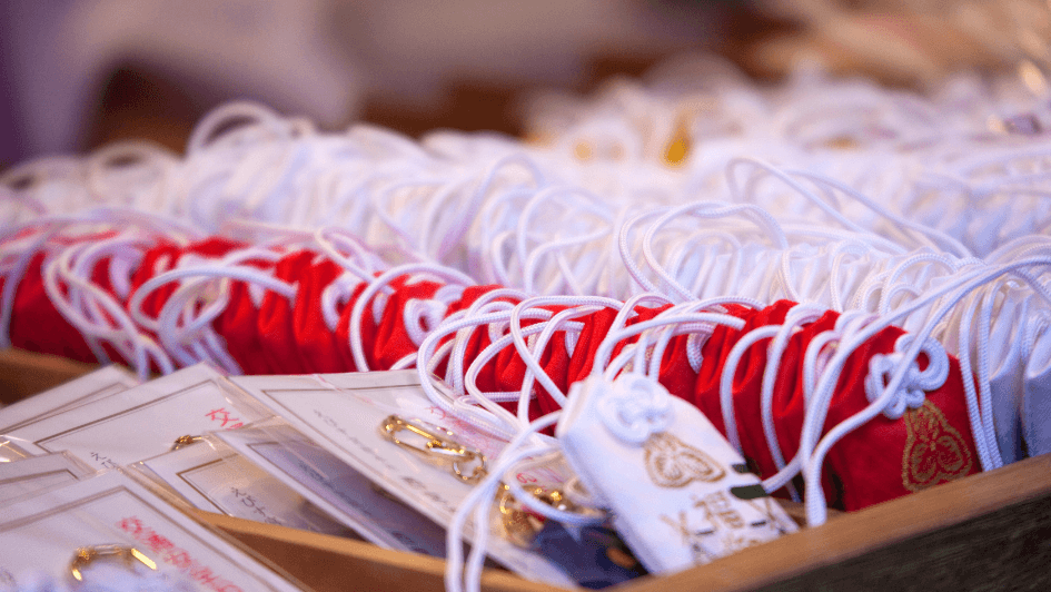 omamori being sold at a japanese shrine
