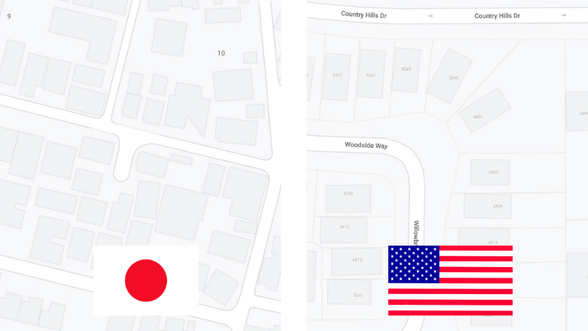 comparison of Japan streets and American streets on google maps