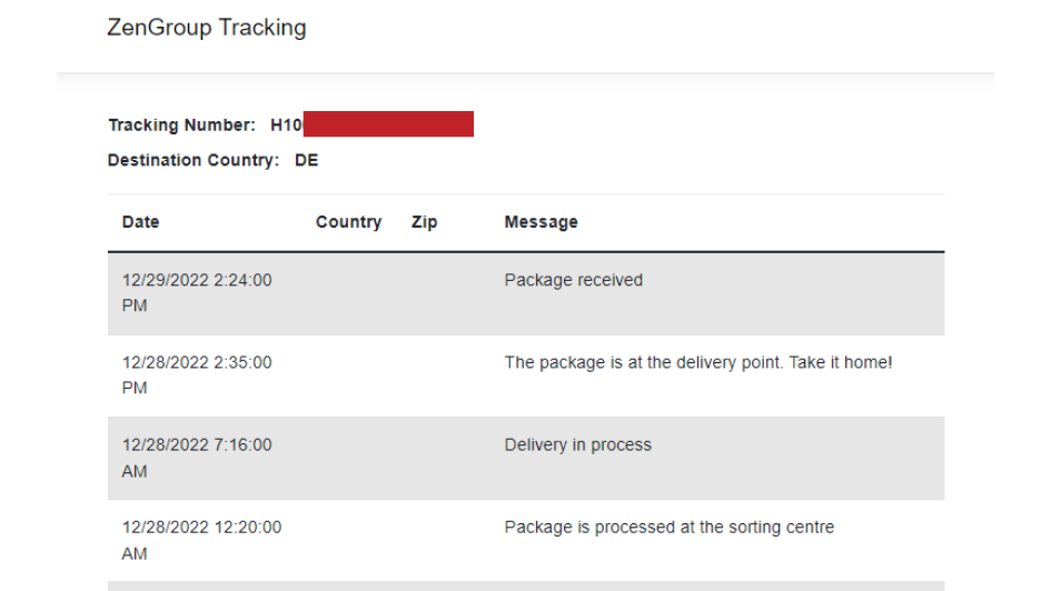 Tracking page for ZenExpress PUDO parcel